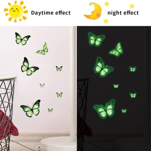 Luminous butterfly wall stickers showing a split comparison of day and night light effects