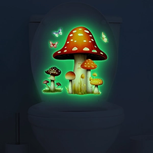 Glow-in-the-dark red mushroom stickers with colorful butterflies on a toilet seat