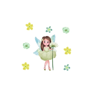 Detail of cartoon flower fairy sticker with delicate blue wings and daisy flower motif
