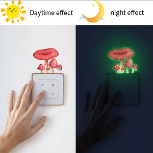 Luminous red mushroom wall stickers showing daytime and night glowing effects on switches