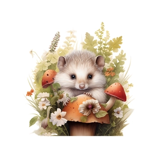 Detailed view of hedgehog peeking behind orange mushroom sticker for kids wall decor