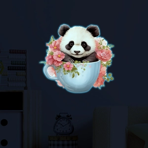 Luminous wall sticker featuring a cute panda in a tea cup with flowers for home decor