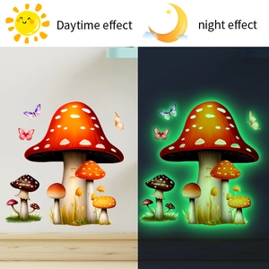 Glow-in-the-dark mushroom wall stickers showing daytime and night fluorescence effect
