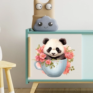Cute panda in teacup floral wall sticker for kids room home decor self-adhesive decal