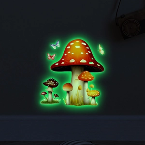 Luminous red mushroom wall stickers with butterflies glowing green in the dark for decor