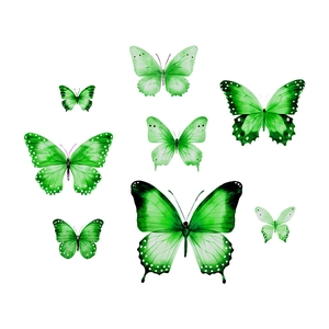Detail of seven luminous green butterfly wall stickers with intricate black wing patterns