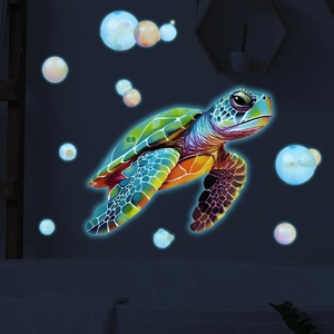 Luminous turtle wall sticker with glowing bubbles and psychedelic colors for dark rooms