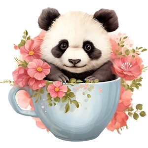 Detailed close-up of a cute cartoon panda in a blue teacup with pink floral stickers