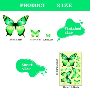 Size chart showing glow-in-the-dark butterfly wall stickers with various dimensions