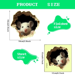Luminous 3D mouse hole wall sticker showing 10x10cm product and 12x12cm sheet size