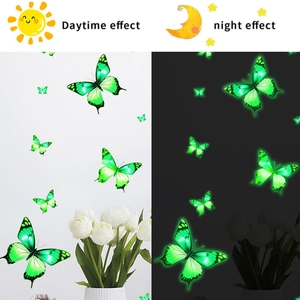 Luminous green butterfly wall stickers showing glowing night effect and daytime view