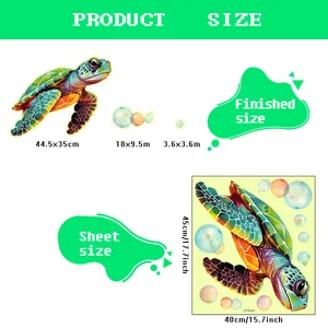 Size specifications for glowing cartoon turtle wall stickers with dimensions and layout