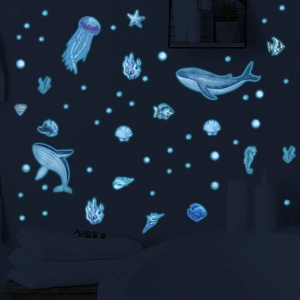 Stickers Muraux Monde Sous-marin Fluorescents Baleine Méduse PVC Décalcomanies pour Chambre d'Enfant Salle de Bain Lumière Bleue