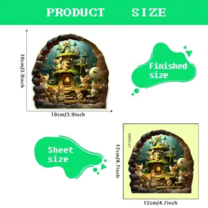 Luminous 3D mouse hole wall sticker with cartoon village design, 10x10cm size