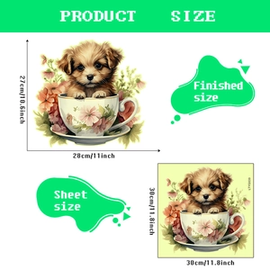 Luminous puppy wall sticker in floral teacup for kids room home decor, 30x30cm size