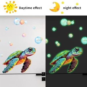 Luminous sea turtle wall sticker showing daytime effect vs night glowing effect