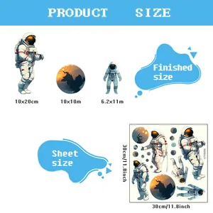 Size chart showing 30x30cm sheet size for astronaut and planet themed wall stickers