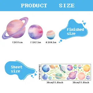 Size specifications for watercolor solar system planet wall stickers and decals