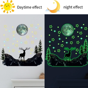 Luminous wall stickers featuring moon, stars, and elk with day and night effect comparison