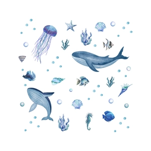 Détail de stickers aquarelle vie marine avec baleine bleue, méduses et coraux