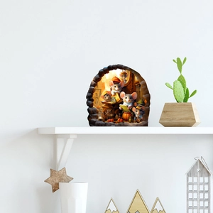 3D cartoon mouse hole wall sticker with mice reading books near a white shelf