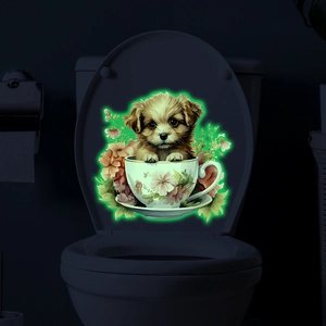 Luminous wall sticker featuring a cute dog in a cup with glowing green edges in the dark