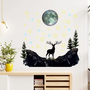 Luminous moon and elk silhouette wall stickers set for bedroom night decoration
