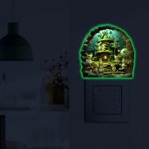 Luminous 3D mouse hole wall sticker featuring mice in a mushroom village for home decor