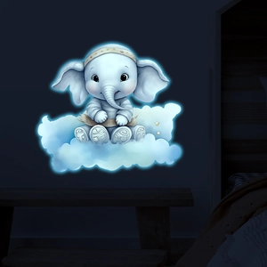 Luminous wall sticker featuring a cute cartoon elephant sitting on clouds with blue glow effect