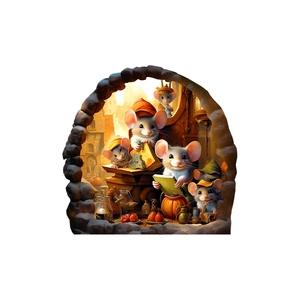 Detail of 3D mouse hole wall sticker featuring cute mice reading books in a stone arch