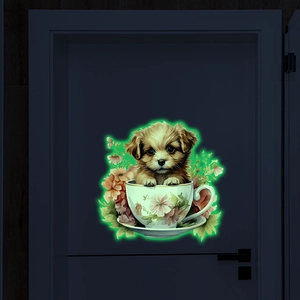 Glow in the dark puppy wall sticker in flower cup for kids room and bathroom decor