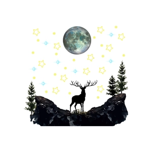 Detail of glow-in-the-dark mountain elk and moon wall stickers with stars for bedroom
