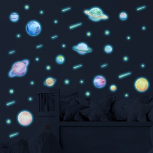 Luminous solar system wall stickers with glowing planets and stars for bedroom decor