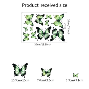 Luminous glow-in-the-dark butterfly wall stickers with size details and texture dimensions