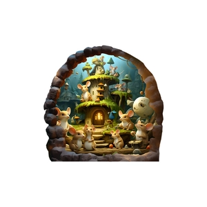 Luminous mouse hole wall sticker featuring cute cartoon mice and a detailed tree house