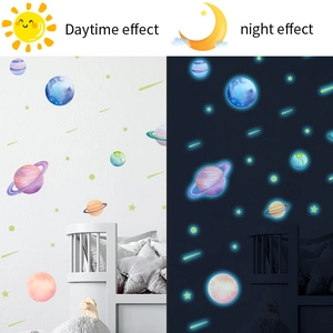Solar system planet wall stickers showing contrast between day effect and night glow