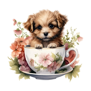 Detailed glowing sticker of a cute puppy in a floral teacup for home wall and bathroom decor