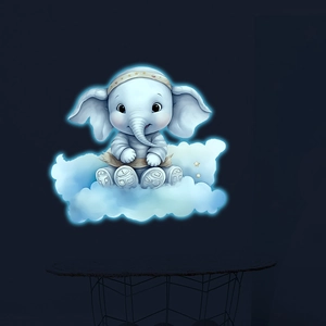 Glow-in-the-dark cartoon elephant on cloud wall sticker for nursery and bedroom decor