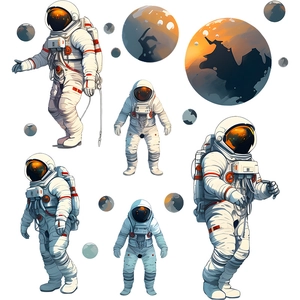 Detailed astronaut wall decals featuring colorful cosmic planets and space explorers