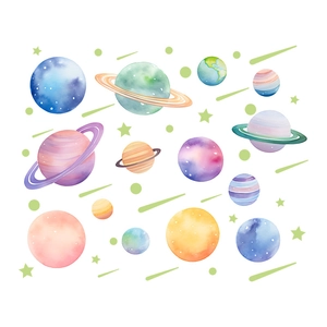 Luminous solar system planet wall stickers set with watercolor earth and saturn designs