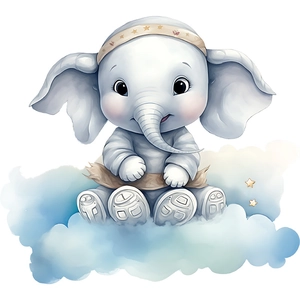 Detailed watercolor cartoon elephant sitting on a blue cloud wall decal for kids rooms