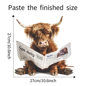 Detailed wall sticker dimensions showing cartoon yak reading a newspaper 27cm size