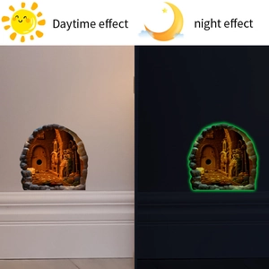 Luminous 3D mouse hole wall sticker showing daytime and fluorescent night effects