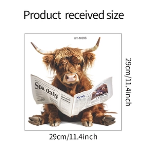 Funny highland cow reading newspaper wall sticker, 29x29cm square home decor decal