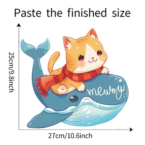 Detailed size specifications for a cute cartoon orange cat and blue whale wall sticker