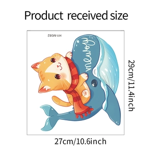 Detailed size specifications for cartoon cat riding a whale wall sticker for kids