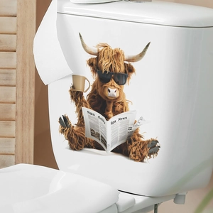 Scottish Highland Cow reading newspaper wall sticker for toilet and home decoration