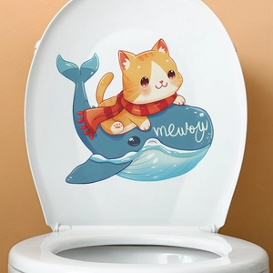 Cartoon Cat Riding Whale PVC Toilet Lid Sticker Self Adhesive Waterproof Wall Decal For Bathroom Kids Bedroom Home Decor