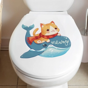 Cartoon orange cat and blue whale self-adhesive wall sticker for children's bathroom decor