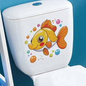 Cartoon goldfish wall sticker with colorful bubbles applied on a white toilet tank